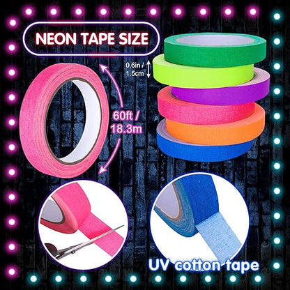 Whaline 6 Colors Neon Gaffer Cloth Tape, Fluorescent UV Blacklight Tape for UV Party (0.6 inch x 60 feet)