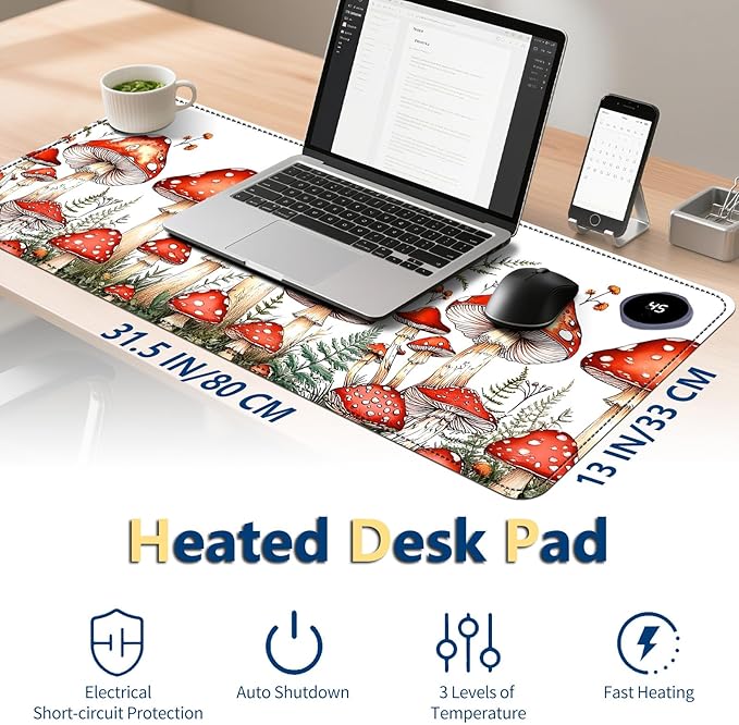 Heated Mouse Pad with 3 Temperature Settings(104°F–122°F),Large 31.5x13 Inch PU Leather Heated Desk Mat,Waterproof Warming Pad for Office,Gaming & Cold Hands Relief,Red Mushroom