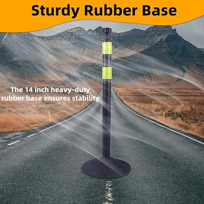 6 Pack 39 Inch Black Traffic Delineator Posts with 2 Green Reflective Stripes, Safety Posts Cones with 6.6 Feet Chains and 14 Inch Rubber Base for Road Safety,Parking Lot (Black)