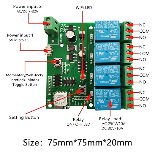 Jane Eyre 4 Channel WiFi instantaneous Jog Relay self-Locking Switch Module DIY Garage Door Switch Module Ewelink APP Control, Compatible with Alexa Goolge Assistant