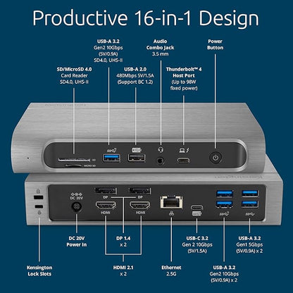 Kensington SD5800T Thunderbolt 4 and USB4 Quad 4K Display Docking Station, 100W Charging, 2 x HDMI, 2 x DP, 2.5G Ethernet, Card Readers, for Windows/MacOS (K32856NA)