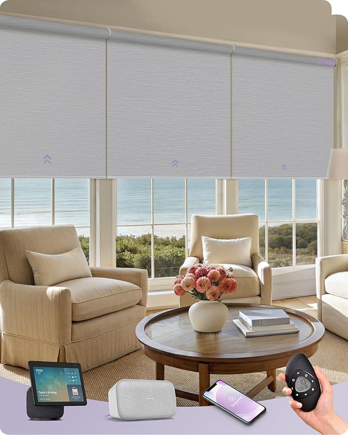 Graywind Smart Coupled Roller Shades Compatible with Alexa Google Custom Size Extra Large Motorized Blinds for Windows(Striped Light Grey)