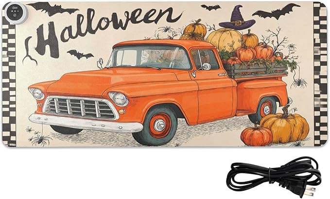 Heated Desk Pad Mouse Pad 31.5x13 Inch PU Leather Desk Mat with 3 Heat Levels Large Mouse Gaming Computer Laptop Mat Halloween Plaid Pumpkin Bat