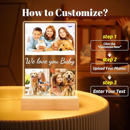 Custom Collage Picture Frames with Photo, Personalized Photo Frame with Night Light, Personalized Picture Frame, Customized Birthday Gifts for Baby Kids Girls Boys Pet Friends Family
