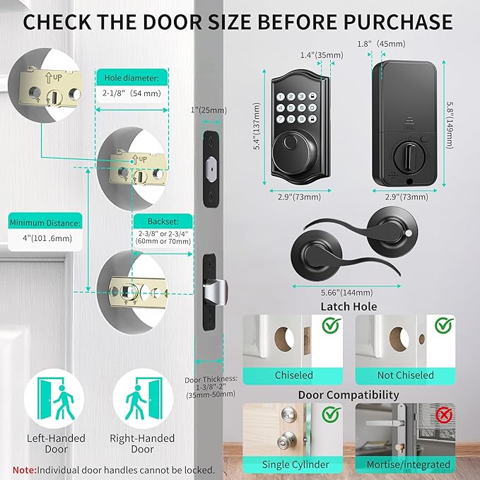 Keyless Entry Door Lock Deadbolt with Handle Set,Fingerprint Smart Locks for Front Door,Backlit Digital Keypad Deadbolt with 2 Keys - Auto Locking - Easy Installation-Left/Right Doors (Matte Black)