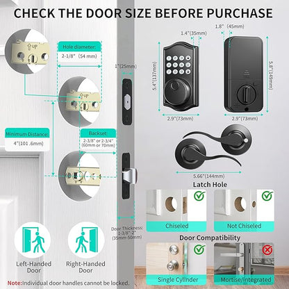 Keyless Entry Door Lock Deadbolt with Handle Set,Fingerprint Smart Locks for Front Door,Backlit Digital Keypad Deadbolt with 2 Keys - Auto Locking - Easy Installation-Left/Right Doors (Matte Black)