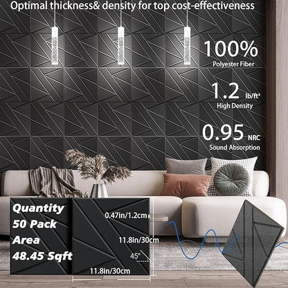 50 Pack Bulk Self-Adhesive Soundproof Wall Panels, 12 x 12 x 0.47 in Sound Proof Foam Panels for Walls, 1.2lb/ft³ High Density, Thicker 0.47in, Acoustic Panels, Duty for Large Walls Black