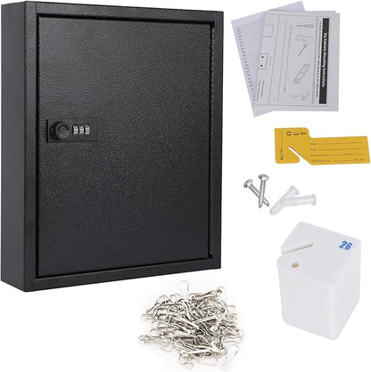 KYODOLED Locking Key Cabinet, 60 Key Storage Lock Box with Code, Key Box Wall Mount with Combination Lock, Key Hooks & Tags Key Labels(Black,60 Key)