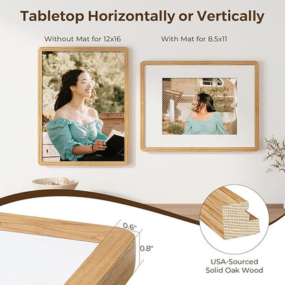 Solid Oak Wood 12x16 Picture Frame, Farmhouse 12 x 16 Wooden Frames, 12x16 Frame Matted to 8.5x11, Tempered Real Glass, 12"x16" Frames Minimalist Art Frame for Home Deocr, Natural Oak Color, 1 Pack