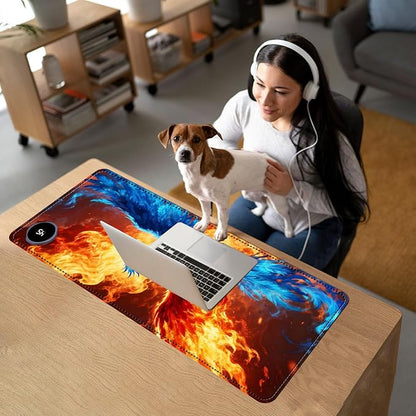 Heated Mouse Pad with 3 Temperature Settings(104°F–122°F),Large 31.5x13 Inch PU Leather Heated Desk Mat,Waterproof Warming Pad for Office,Gaming & Cold Hands Relief,Fiery Phoenix Bird