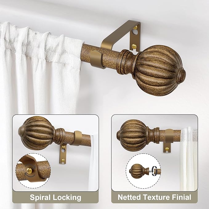 Antiqued Bronze Curtain Rods for Windows 72 to 144 Inch, 1'' Adjustable Heavy Duty Curtain Rod，Vintage Decorative Drapery Rods with Pumpkin Finials for Bedroom Living Room