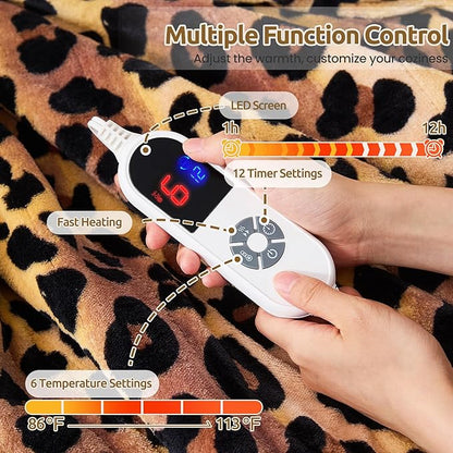 Heated Throw Blanket 50"x60", Electric Blanket with 6 Heat Settings & 1-12H Timer, Cozy Soft Flannel Sherpa, Machine Washable, Warm Gift for Women, Leopard