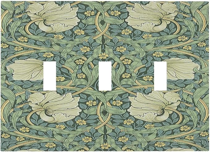 Decorative Switch Plates Vintage Floral Plant Sage Green William Morris 3 Gang Wall Plate Faceplate Triple Toggle Light Switch Cover Electrical Wall Panels for Bedroom Home Decor