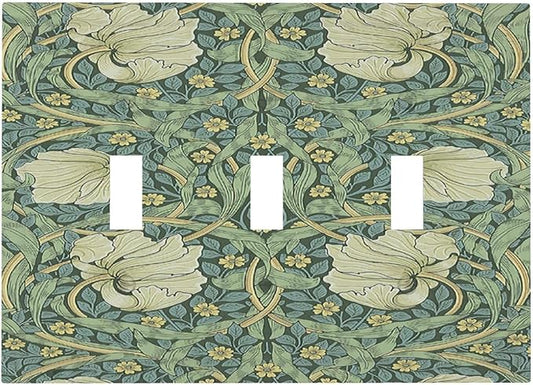 Decorative Switch Plates Vintage Floral Plant Sage Green William Morris 3 Gang Wall Plate Faceplate Triple Toggle Light Switch Cover Electrical Wall Panels for Bedroom Home Decor