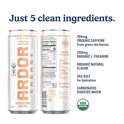 ARDOR ENERGY Sparkling Water with 100mg Natural Caffeine & 200mg L-Theanine from Organic Green Tea for Smooth Energy & Focus | Healthy Energy Drink | No Sugar, Zero Calories, Vegan, Gluten-Free | White Peach (Pack of 12, 12oz cans)