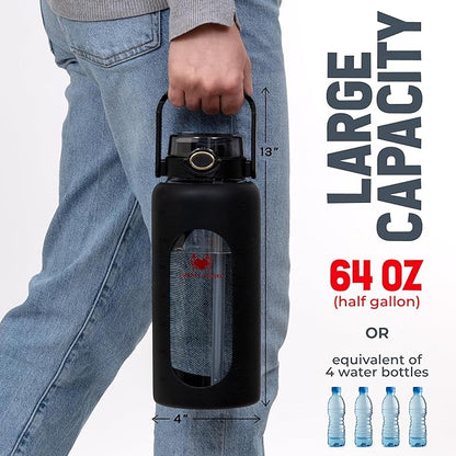 64 oz Glass Water Bottle – Black | Large Leakproof Shatter-Resistant Borosilicate Bottle with Straw, Silicone Sleeve, Time Marker – Half Gallon for Travel, Gym, Daily Intake