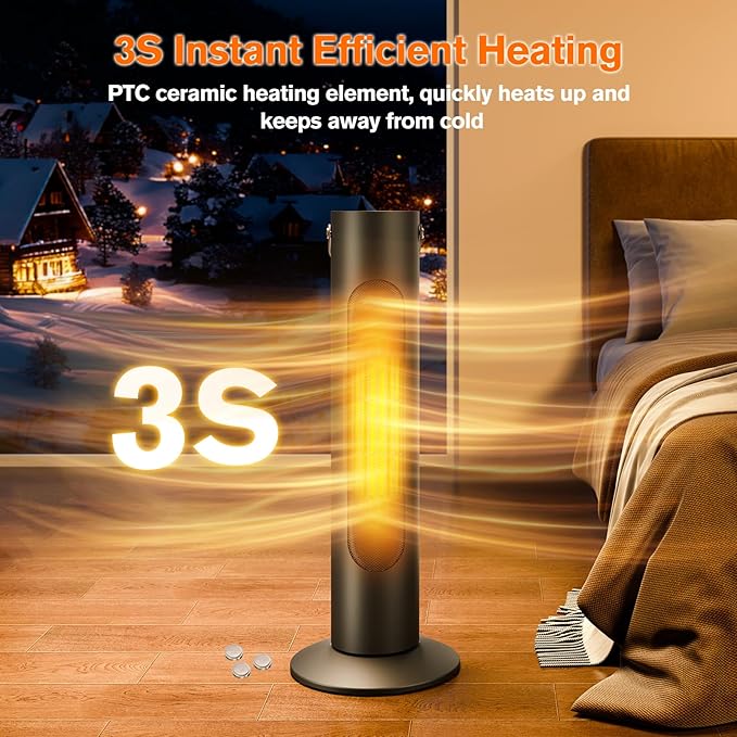 Electric Space Heaters For Indoor Use, 25" 2-IN-1 Tower Heater And Fan Combo, 70°Oscillating, 2S Instant Heating, 1500W, 3 Heating & Fan Modes,Electric Portable Heater For BedroomOfficeHome, Black