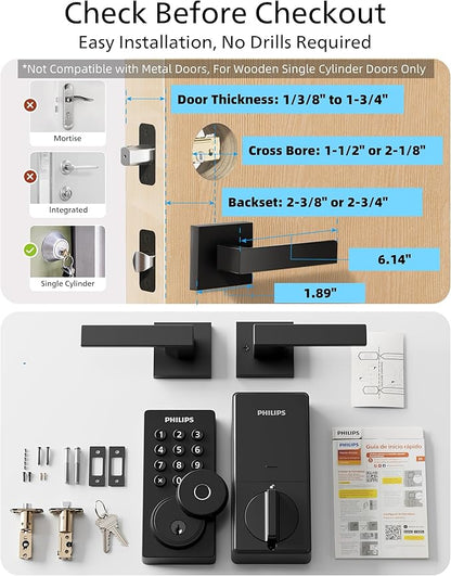 Philips WiFi Keypad Door Lock with Handle, Built-in WiFi, APP Remote Control, Voice & Fingerprint Unlock, Smart Locks for Front Door with Auto Lock, Digital Front Door Lock Set, Keyless Entry Deadbolt