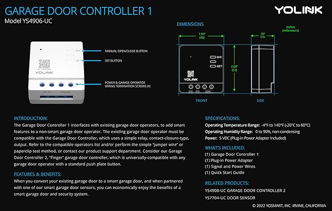 Smart Garage Door Kit with YoLink Hub - YoLink 1/4 Mile World's Longest Range Garage Door Controller and Wireless Sensor Compatible with Alexa IFTTT