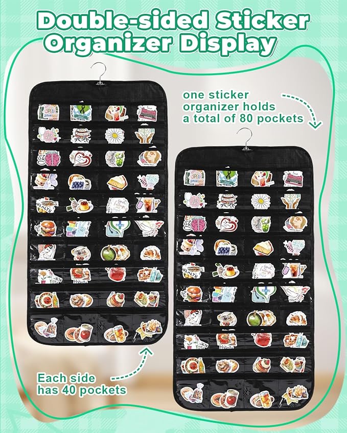 UCEC 2PCS Hanging Sticker Organizer Display Stand Double Sided 80 Pocket Hanging Sticker Chart with Clear Pockets, Wall Sticker Holder for Vendors, Jewelry Organizers and Storage (Black)