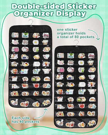 UCEC 2PCS Hanging Sticker Organizer Display Stand Double Sided 80 Pocket Hanging Sticker Chart with Clear Pockets, Wall Sticker Holder for Vendors, Jewelry Organizers and Storage (Black)