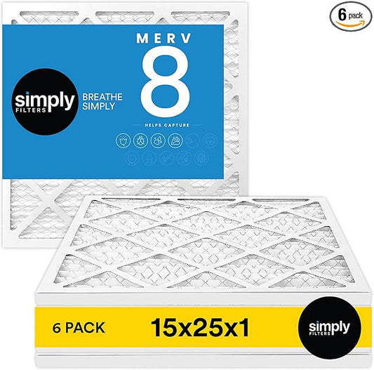 Simply 15x25x1 Air Filter, Merv 8, 6 Pack, For Home AC Furnace & HVAC (Actual Size: 14.75"x24.75"x0.75") DUST, Pet, & Allergy Control