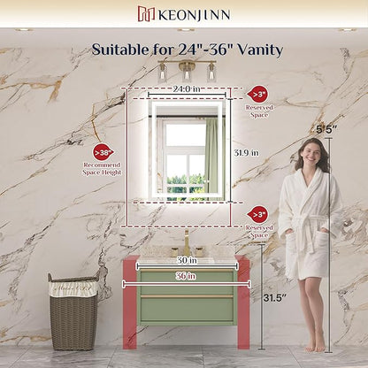 Keonjinn LED Mirror 24 x 32 Inch, Lighted Bathroom Vanity Mirror for Wall, Fronlit Only, HD Tempered Glass, UL-Listed LED Driver, Anti-Fog, Dimmale 6000K, Easy Installation(Horizontal/Vertical)