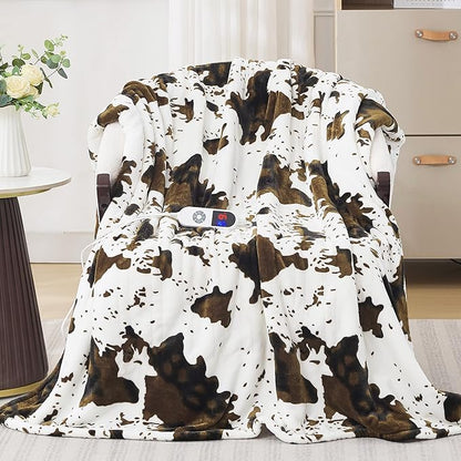 Brown Cow Print Heated Throw Blanket, Electric Blanket with 6 Heat Settings & 1-12H Timer, Cozy Soft Flannel Sherpa, Machine Washable, Warm Gift for Women, 50"x60"