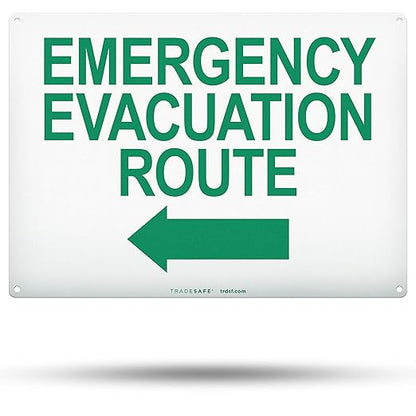 TRADESAFE Emergency Evacuation Route Sign - Evacuation Plan With Arrow Left, Quick Install Aluminum Safety Sign, Light Reflective, UV-Resistant, Waterproof, 14” X 10” Signs for Business