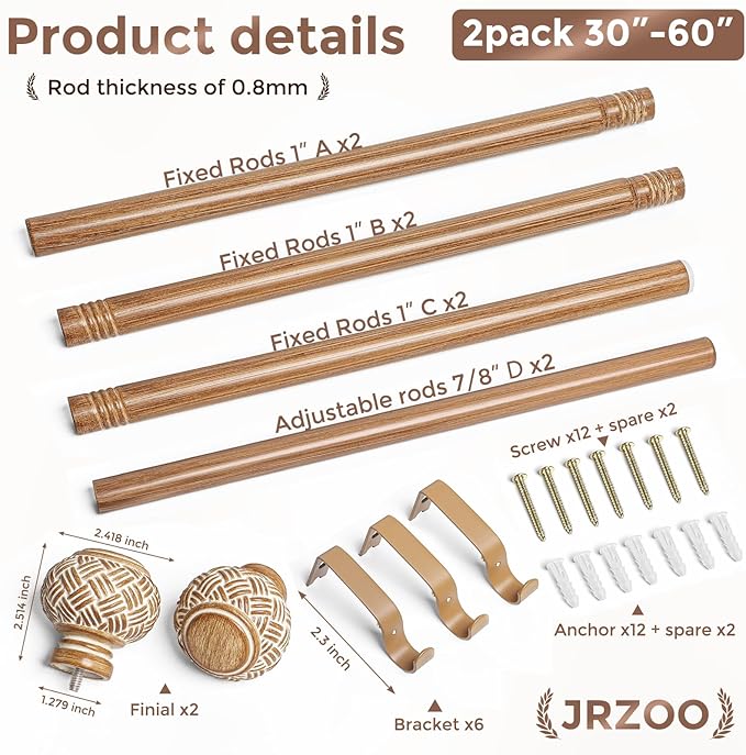 2 Pack Wood Curtain Rods for Windows 28 to 48 Inches, Decorative 1'' Diameter Heavy Duty Adjustable Rustic Farmhouse Drapery Pole with Boho Imitation Wooden Grain Finials, Size: 30''-60'', Brown