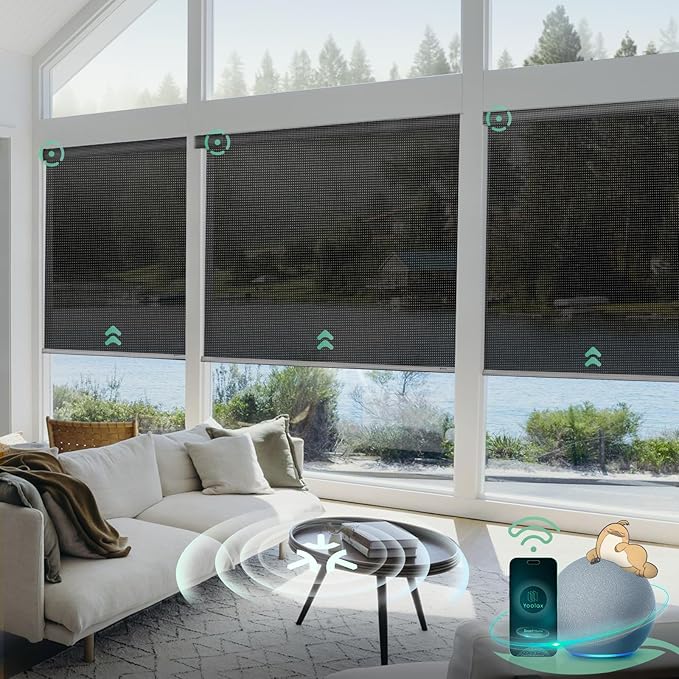 Yoolax Smart Blinds, Motorized Matter Solar Shades Flame Resistat Automatic Blinds for Windows Motorized Shades Compatible with Alexa, Google Home, Homekit(Solar-14% Openness Steel Gray)