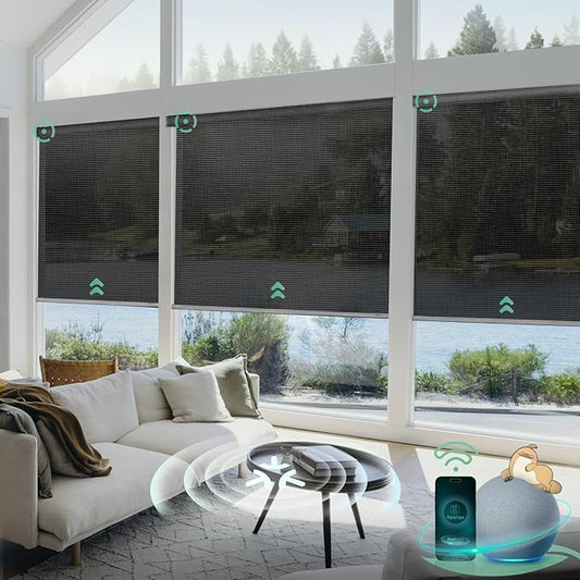 Yoolax Smart Blinds, Motorized Matter Solar Shades Flame Resistat Automatic Blinds for Windows Motorized Shades Compatible with Alexa, Google Home, Homekit(Solar-14% Openness Steel Gray)