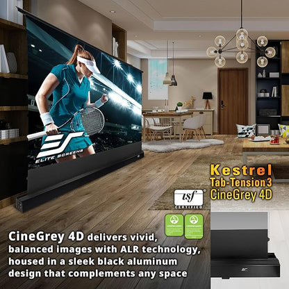 Elite Screens Kestrel Tab-Tension 3 CineGrey 4D, 122 inch 16:9, Standard Throw ISF Ceiling Ambient Light Rejecting (CLR/ALR) Electric Floor-Rising Projector Screen, Programmed Remote Kit, FTE122H3-C4D