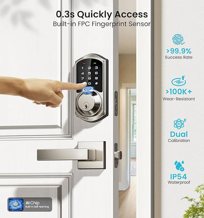 Veise VE07-L Fingerprint Smart Locks for Front Door with Zinc Alloy Handle Set, App Control, Keyless Entry, Electronic Digital Keypad Deadbolt, Auto Lock, Waterproof, Easy to Install, Satin Nickel