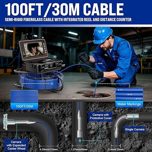 Sewer Camera Self-Leveling, 100ft Drain Camera with Meter Counter, 9-inch HD, Plumbing Cameras Snake with 12 LED Lights, 5100mAh Battery, IP68 & 32GB DVR Recording for Duct Sewer Line Pipe Inspection