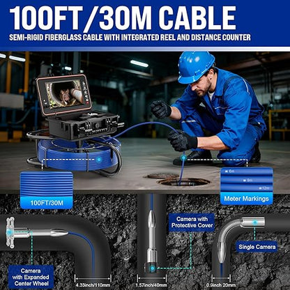 Sewer Camera Self-Leveling, 100ft Drain Camera with Meter Counter, 9-inch HD, Plumbing Cameras Snake with 12 LED Lights, 5100mAh Battery, IP68 & 32GB DVR Recording for Duct Sewer Line Pipe Inspection