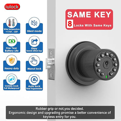Smart Door Knob with Keypad and Key,Keyless Entry Door Lock with Rubber Grip, Auto Lock,50 User Code,Waterproof, Easy to Install and Program for Bedroom(Matte Black Same Key 8 Pack)