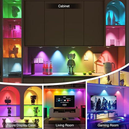 RGB Puck Lights with Remote Control, 2000mAh Battery Operated Tap Lights Rechargeable, 9 Colors & 2 Dynamic Changing Under Cabinet Lighting, Magnetic Stick on Light for Closet(White, 5 Pack)