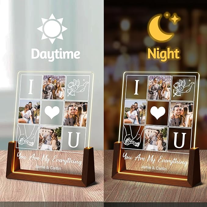 Customized Couple Birthday Gifts For Boyfriend Girlfriend Him Her, Custom Light Up Picture Frame Acrylic Plaque With Photo Name, Personalized Anniversary Wedding Christmas Gifts For Women Men