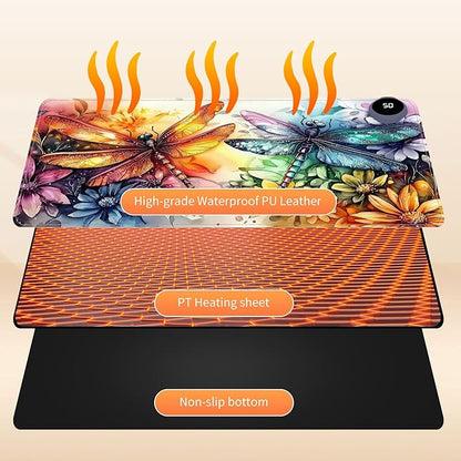 Small Heated Desk Pad 23.6" x 14.2" – Compact Electric Mouse Pad with 3 Heating Levels, Auto Shut-Off, Waterproof PU Surface, Plug-in Warmer for Office or Home Use, Colorful Dragonflies