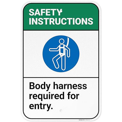Safety Instructions Body Harness Required for Entry Sign, 12x18 Inches, 3M EGP Reflective .063 Aluminum, Fade Resistant, Made in USA by Sigo Signs