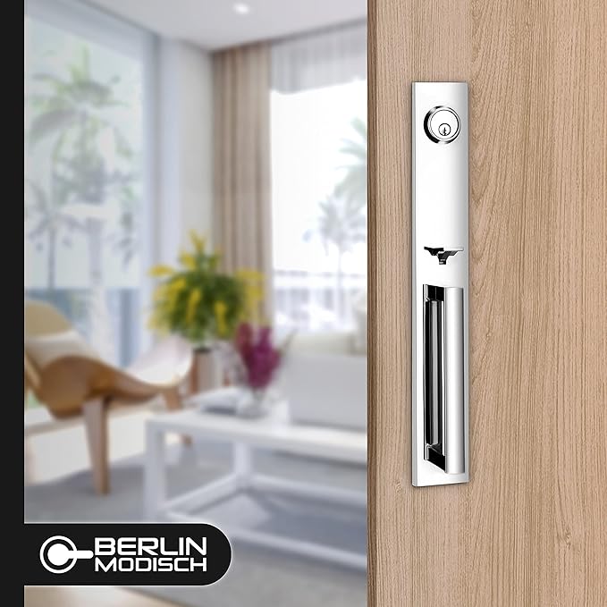 Berlin Modisch Full Escutcheon HandleSet Front Door Entry Handle and Deadbolt Lock Set Slim Square Single Cylinder Deadbolt and Lever Heavy Duty – Polished Chrome Finish