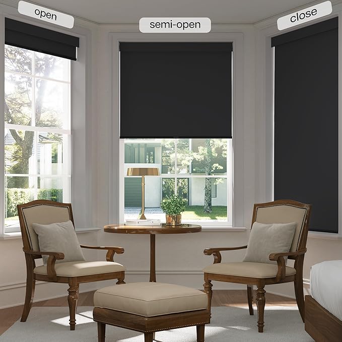 LazBlinds No Drill Blinds for Indoor Windows, Blackout Roller Shades, Cordless Window Blackout Blinds, Thermal Insulated Fabric UV Protection for Home and Office, 36" W x 48" H, Black