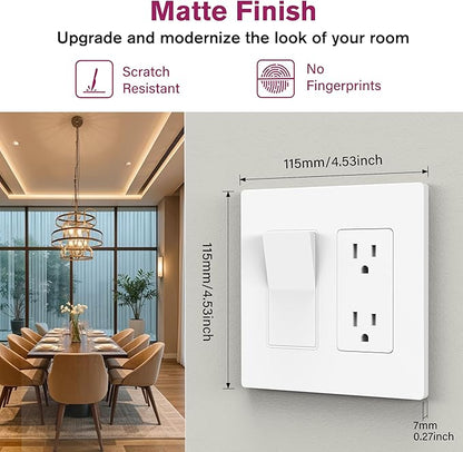 EMITEVER 2-Gang Screwless Decorator Wall Plate Cover for Receptacle Outlet & Light Switch, Standard Size 4.53"H x 4.53"W, Unbreakable Thermoplastic Faceplate, UL Listed, Matte White 1-Pack