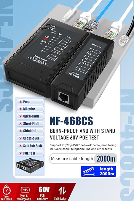 NF-468CS Network Cable Tester - Ethernet Tester, Cable Mapper with Continuity Test, Suitable for RJ45/RJ11/RJ12/POE/CAT3/CAT5/CAT5E/CAT6/CAT6A, UTP/STP, LAN and Telephone Line Testing Tool