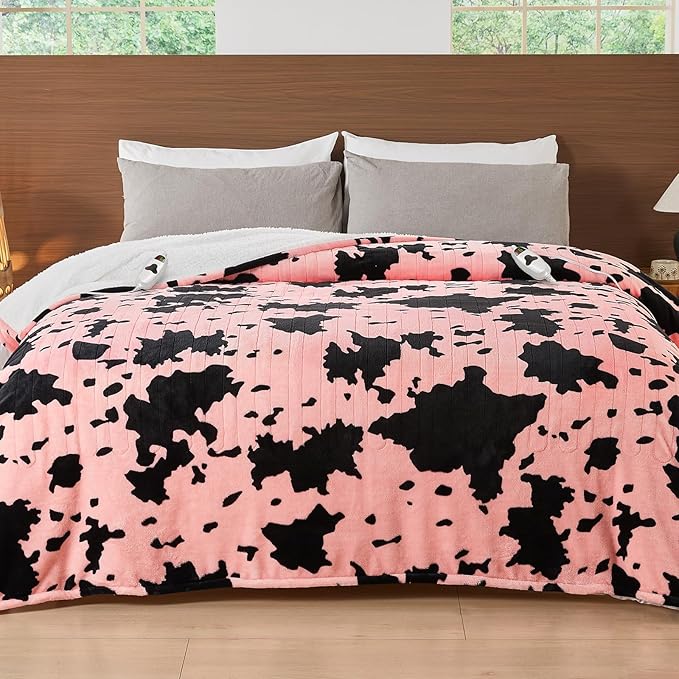 Cow Print Electric Heated Blanket Queen Size,84X90 Light Pink Heating Blanket Queen with Dual Control&Timer&10 Heat Levels,Highland Cow Decor Sherpa Blankets Warmer Gifts for Bed Women Adults
