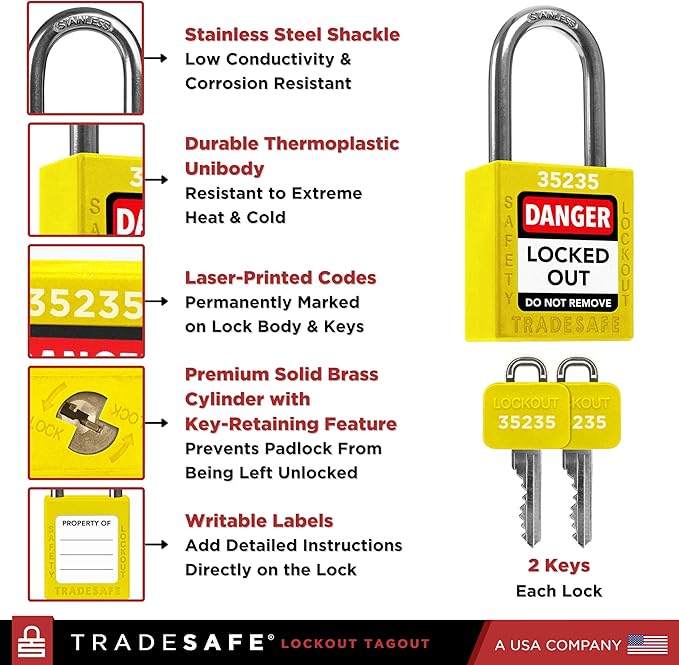 TRADESAFE Lockout Tagout Locks Set - 10 Yellow Keyed Alike Padlocks, 2 Keys Per Lock, OSHA Compliant Loto Locks
