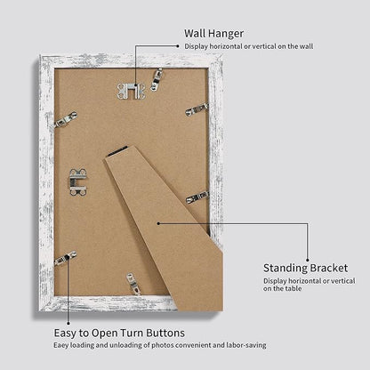iRahmen 8x12 Picture Frame Set of 4 with High Definition Glass, Distressed White Frame Display 6x8 Picture with Mat or 8 x 12 Without Mat, Wood Rustic Photo Frames for Tabletop and Wall Mounting