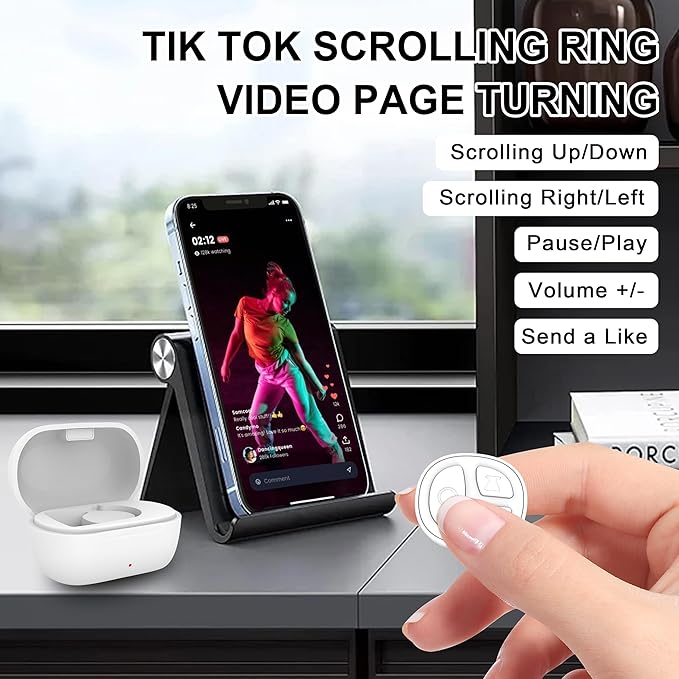 Tiktok Scrolling Ring for iPhone, Bluetooth Camera Remote Control, Remote Control for TIK Tok Scrolling Ring for iPhone, Android (White)