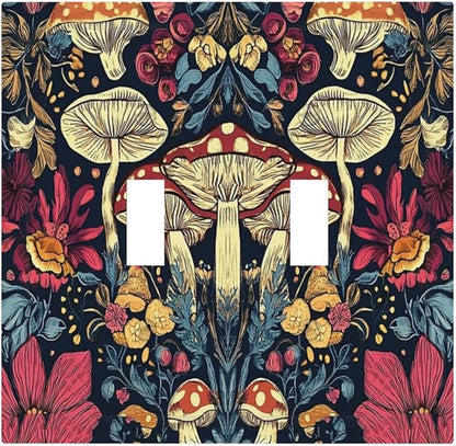 Decorative Switch Plate Covers Coloful Red Yellow Orange Magical Mushroom Forest 2 Gang Double Toggle Light Switch Cover Plate Electrical Wall Plate Outlet Cover for Bedroom Home Decor